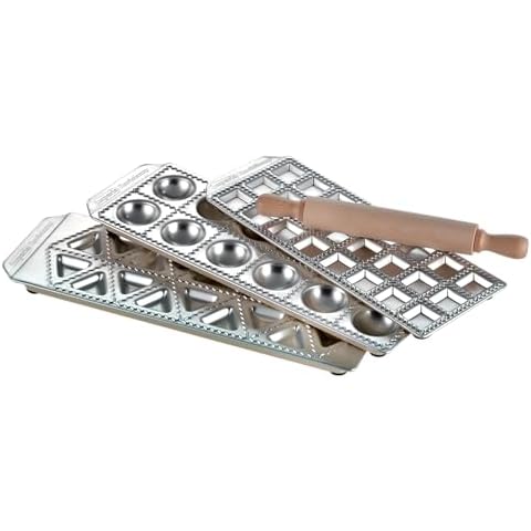 Imperia Ravioli Maker Set- Includes 3 Trays & Wooden Rolling Pin- Pasta Machine Accessory for Filled Ravioli- Durable Aluminum Construction- Press Makes 3 Different Shapes- Homemade Italian Cooking Cover