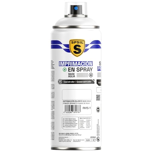 SPSIL Imprimación Spray Base Agua Imprimacion Base Agua Blanco 400ml - Sin Olor, para Madera, Plástico, Metal y Automóvil - Acabado Profesional, Secado Rápido y Ecológica