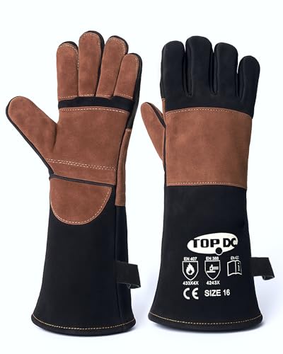 TOPDC Welding Gloves 16Inch 1000℉Heat/Fire Resistant Reinforced Leather Fireproof Gloves