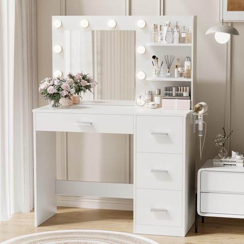 YESHOMY Vanity Desk with Mirror, 10 Lights, Power Outlet and 3 Storage Shelves, Makeup Table with 4...