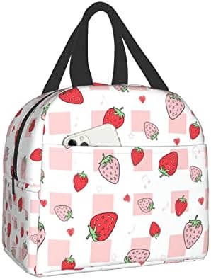 Reusable Pink Strawberry Lunch Bag Box for Women Insulated Lunch Box Waterproof for Teen Cool Simple Modern