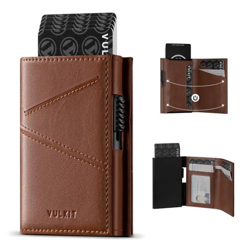 VULKIT Trifold Pop Up Men Wallet Leather RFID Blocking Credit Card Holder Metal Card Case, Hold 10 Cards and Bills, Brown, Minimalist