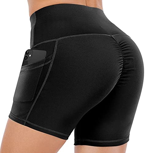 JANSION Yoga Shorts for Women High Waisted Butt Scrunch Booty Shorts Spandex Gym Workout Shorts with Pockets Black