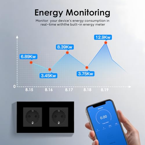 BSEED WLAN Smart Steckdose 16A mit Strommessung,2 Fach Intelligente Steckdose mit Verbrauchsmessung und Energiekosten-Messer,arbeitet mit Amazon Alexa,Google Home,Timerfunktion Schwarz