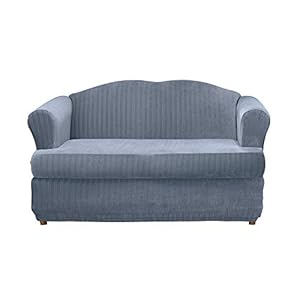 SureFit Stretch Pinstripe T-Cushion Loveseat Two Piece Slipcover, Form Fit, Polyester/Spandex, Machine Washable, French Blue Color