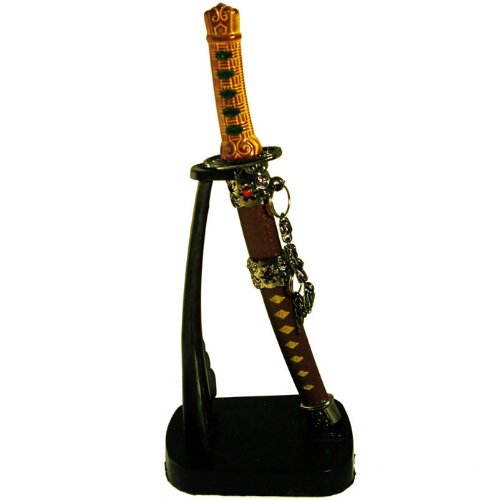 Brown/ Green Table Top Mini Japanese Samurai Sword Letter Opener, 8.5-Inch with Stand