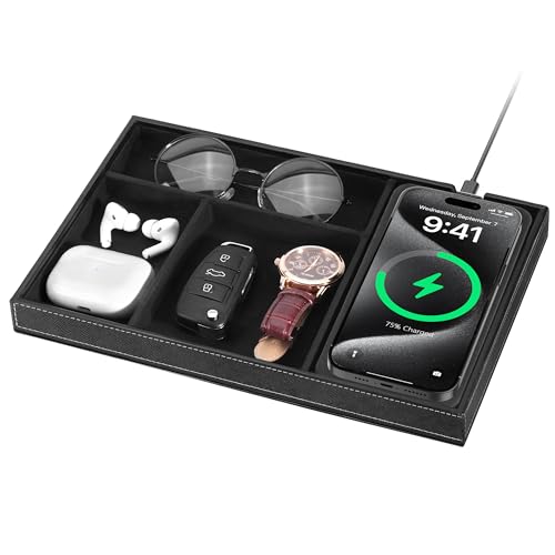 Valet Tray with Wireless Charger, Nightstand Organizer for Men, EDC Catchall Tray for Keys, Watch, Wallet, Jewellery, Premium Vegan Leather, Bedside Caddy, Stylish and Organized, Black