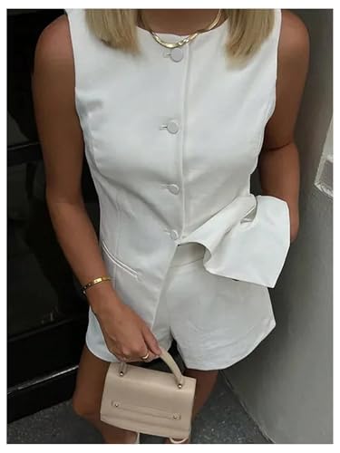 WDIRARA Women's 2 Piece Set Sleeveless Button Down Blazer Vest Shorts Set Business Work Outfits2