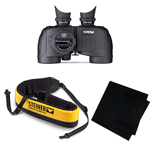 Image of STEINER Commander 7x50c Marine Black Binoculars with Compass (2305), Yellow Floating Strap with ClicLoc Tabs (769) and Black Microfiber Cleaning Cloth