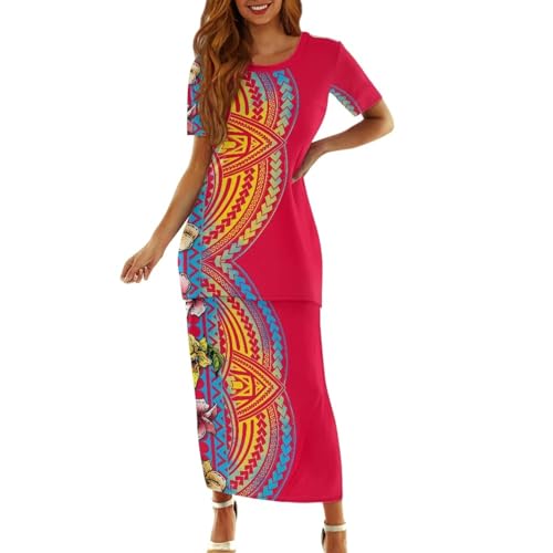 Summer 2 Piece Dresses 2024 Tribal Tatau Women Outfits Tops Bodycon Maxi Skirt Set Crew Neck Puletasi Samoa Dresses