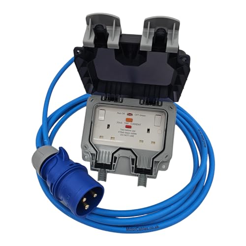 UK Made Marine Hookup CEE Plug to Twin 13A RCD Switched Sockets Power Cable IP44 to IP66 UK (16 Amp Plug, 5 Metres)