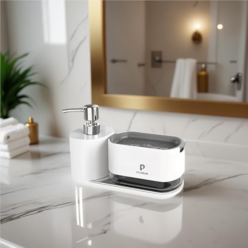 Automatic Dishwasher Soap Dispenser Set, Satisfying Squeeze Double Soap Pump, Premium Sponge Tray, Kitchen Sink Organizer, Instant Refill Soap Holder, 2 Minutes cleanup, Hand Pressed, Modern (White) by PackPlug - Used condition - Image 3