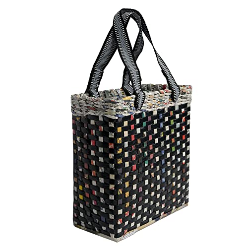 Image of Paperus Re-usable Small Black Check Carry Bag, Shopping Bag, Handbag, Tiffin Basket, Lunch Bag, Eco-friendly, Handmade, of Paper Ropes 11 In Tall 10 In Length 5 In Wide Base