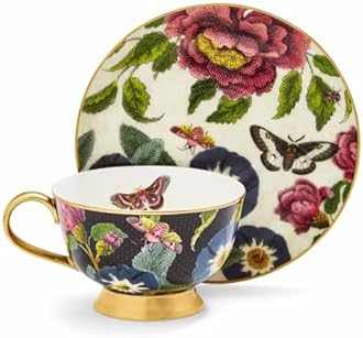Spode Creatures of Curiosity Coupe Teacup & Saucer Set, Floral Print - 6.7oz Porcelain Teacup with Hand-Painted 22ct Gold Rim & Handle for Afternoon Tea, Brunch, or Gift Giving