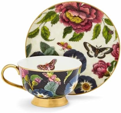 Spode Creatures of Curiosity Coupe Teacup & Saucer Set, Floral Print - 6.7oz Porcelain Teacup with Hand-Painted 22ct Gold Rim & Handle for Afternoon Tea, Brunch, or Gift Giving