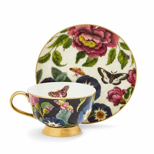 Spode Creatures of Curiosity Coupe Teacup & Saucer Set, Floral Print - 6.7oz Porcelain Teacup with Hand-Painted 22ct Gold Rim & Handle for Afternoon Tea, Brunch, or Gift Giving