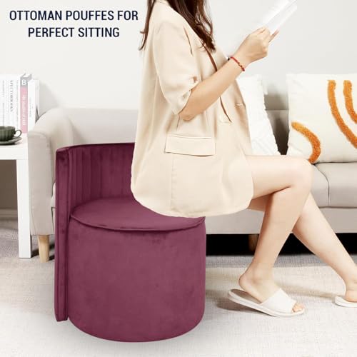 Image of Puffy Stool for Living Room | Velvet OttomanPouffes for Sitting with Backrest | Dressing Table Stool | Puffy Footstool Furniture for Home Decor, Office (Light Purple)