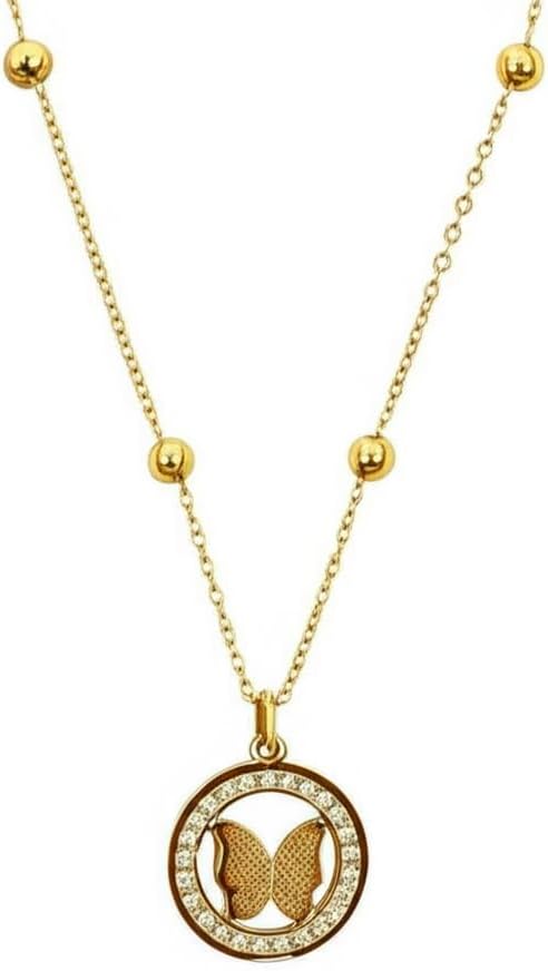 Gold Plated Stainless Steel Butterfly Pendant Necklace for Women – Anti-Tarnish Beaded Chain Fashion Jewelry Gift