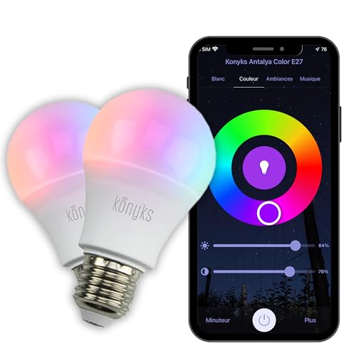Konyks Antalya Easy E27 - Ampoule LED connectée Wi-FI + Bluetooth, 11 W, Couleurs + Blanc réglable, compatible avec Alexa ou Google Home, Automatisations...