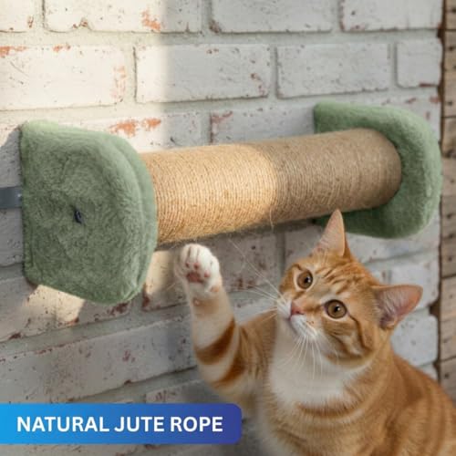 Image of Wall-Mounted Cat Scratching Post, Natural Jute Rope, Plush Cushioned Ends, Space-Saving Design (5X16) FURR-156 (Green)