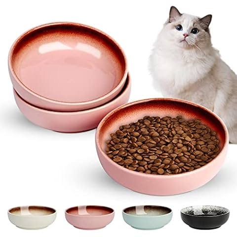 Ceramic Cat Bowls, Toptier Cat Bowls Cat Dishes for Food and Water, Shallow Cat Food Bowls Pet Dishes for Cats, Kittens, and Small Animals, Set of 3, Pink Cover