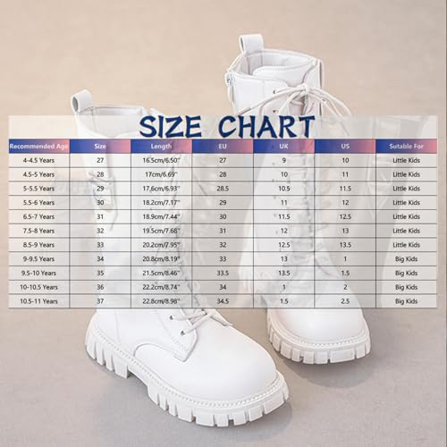 White Boots for Girls,Girls White Boots,Lace Up Riding Booties Mid Calf Combat Booties Pu Leather Side Zipper Punk Goth Boot 4-11 Years,Fashion Comfortable Round Toe Low Heel Combat Riding Boot2