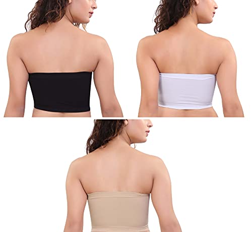 Image of GLAMORAS Women's Nylon Spandex Tube Bra Padded Wire Free Seamless Stretchable Strapless Bandeau Bralette Bras Free Size, White, Beige & Black