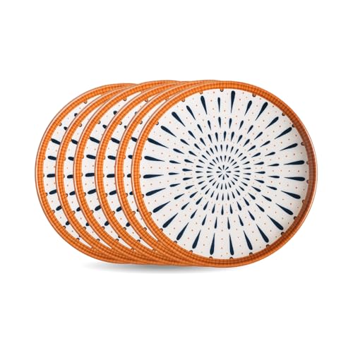 Image of Lellow Ceramic Dinner Plate Set of 6 | Droplet Pattern with Orange Rim | Microwave Safe | Dishwasher Safe | Food Grade Glazed Ceramic | Modern Dining Plates for Daily Use