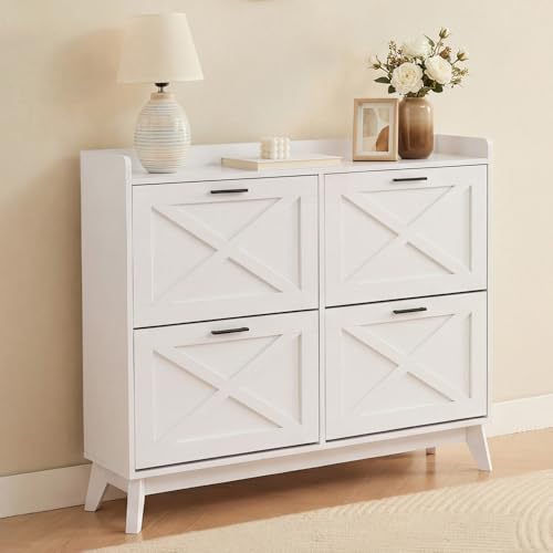 CASABEL Meuble à Chaussures 4 Abattants, Façades à Motif Croix, Blanc, Design Fonctionnel, Blanc, Grande Capacité 24 Paires, Meuble de Rangement Pratique...