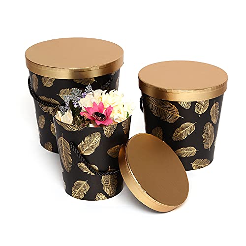 3er Set Blumenschachtel mit Deckel, Dekoboxen in Gold Schwarz oder Gold Weiß mit Blättern, Feder oder Fischschuppen-Design, elegante Aufbewahrungsboxen und Geschenkschachteln (Gold-Feder in Schwarz) Cover
