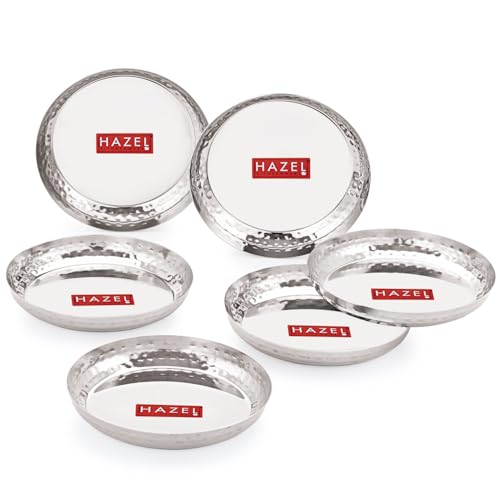 Image of HAZEL Stainless Steel Small Plate 15.5 cm, Pack of 6 | Hammered Finish Side Wall Round Steel Thali for Snack Plate for Daily Use Home, Office & Restaurant