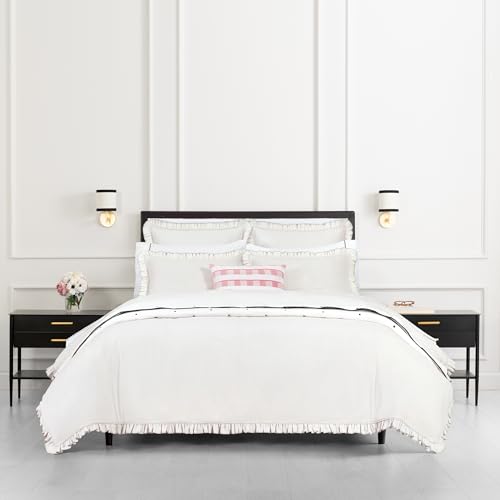 Image of kate spade new york Cotton Ruffle Full Queen Comforter Set, Cotton Linen-Like Reversible Cover, All Season 3 Piece Bedding Set, Machine Washable, White and Glacier Gray