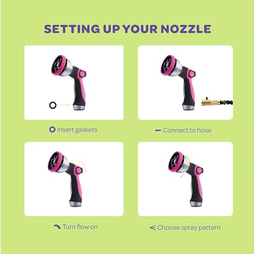 Image of Hose Nozzle [Pink] Heavy Duty Hose Sprayer With 10 Adjustable Watering Patterns. Thumb Control Design, Comfortable Ergonomic Grip, Garden Hose Nozzle for Watering Plants & Lawns /Fun showers /Cleaning