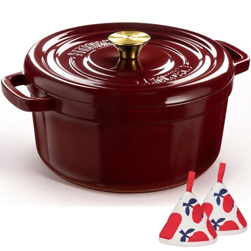 Overmont Bräter Emailliert Gusseisen Topf - Dutch Oven 26cm backofengeeignet mit Deckel und Kochbuch - für Braten Küche Backen Schmoren Dunkelrot