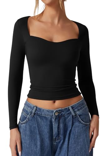 QINSEN Womens Slimming Fit Sweetheart Neck Long Sleeve Basic Crop Tops Stretch Going Out Tee Shirt