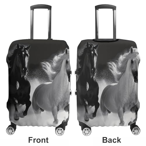 Black And White Horses Running Printed Luggage Cover Protector, Fits 18-32 Inch Luggage3