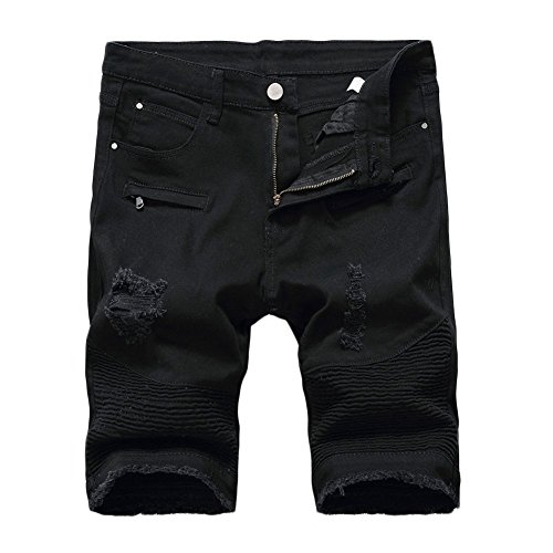 LERUCCI Mens Ripped Destroyed Distressed Jeans Denim Shorts Ripped-Black W33