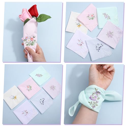 6 Pcs White Handkerchiefs for Women,Soft Cotton Blend Flower Embroidered Ladies Handkerchiefs, Elegant Vintage Floral Women's Handkerchief for Wedding Party(Multicolor)4