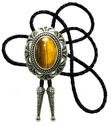 Image of Moranse Bolo Tie with Natural Tiger Eye Stone Celtic Style Genuine and Cowhide Rope