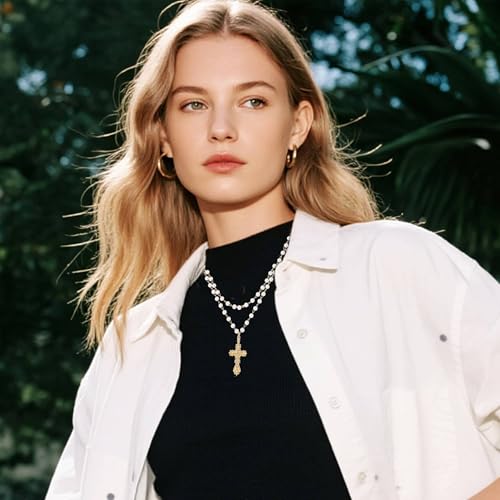 Pearl Necklaces for Women,Dainty Gold Cross Necklace Layered Pearls Choker Gothic Cross Necklace Beaded Pearl Chain Trendy Faith Pendant Jewelry Gift for Chrismas2