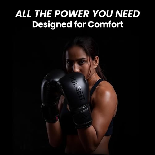 Image of Pulseit Boxing Gloves for Men & Women | Premium PU Leather | Training, Sparring, Kickboxing, Muay Thai & MMA | Multi-Layer Foam Padding, Wrist Support, Breathable (Black)