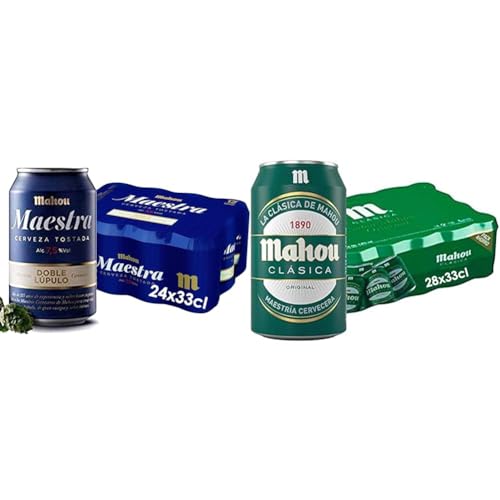Mahou Maestra Doble Lúpulo Cerveza Tostada Lager, 7.5% Alcohol, Pack de 24 Latas x 33 cl + Mahou Clásica Cerveza Dorada Lager, Refrescante y Con Espuma Consistente, 4.8% Alcohol, Pack 28 Latas x 33cl