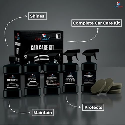 Image of CAR SAAZ Car Care Kit (Pack of 10 Pcs) | Includes: All in One Polish, Dashboard Polish, Upholstery Cleaner, Shampoo, Tyre Shiner (200ml Each), 5 Applicators & Cloth | Car Polish Kit | Clean & Protects