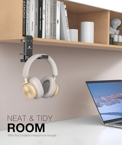 New Foldable Headphone Stand Hanger Holder Aluminum Headset Soundbar Stand Clamp Hook Under Desk Space Save Mount, Universal Fit Gaming Headphones, Black - Image 4