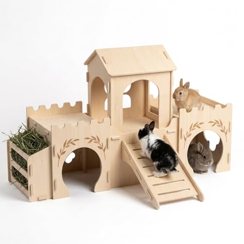 Wooden Rabbit Castle Large 2-Level Symmetrical Bunny Hideout with Central Tower Hay Feeder & Ramp Multi-Room Small Animal House for Rabbits Guinea Pigs Chinchillas