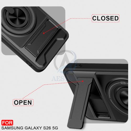 Image of AESTMO Samsung Galaxy S26 5G Back Cover | Armor Camera Slider 360 Degree Rotating Finger Ring Holder Case with Bracket Stand Back Case Cover (Compatible with MagSafe Accessories) (Black)