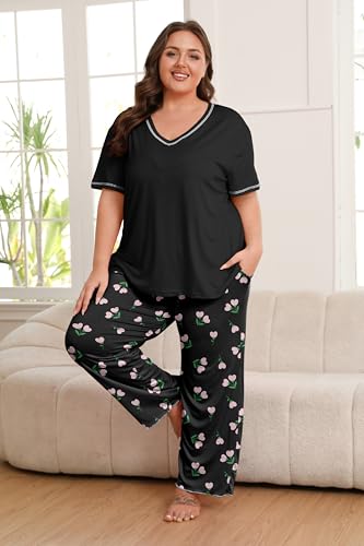Image of Vozanet Women's Plus Size Pajama Sets Short Sleeve Long Pants Solid Color with Piping Trim Elegant Loungewear Cozy Sleepwear