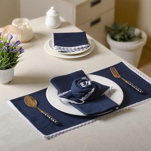 Image of FINGERCRAFT Lace Trim Cloth Napkins Set of 6, 20x20 Inch Cotton Linen Blend Dinner Napkins, Reusable Washable Table Napkins for Wedding, Farmhouse Dining, Parties & Home Decor (Navy)