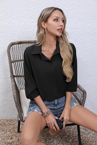 HIYIYEZI Women's Button Down Shirt Casual 3/4 Sleeve Dress Shirts Collared Work Blouse with Pocket4