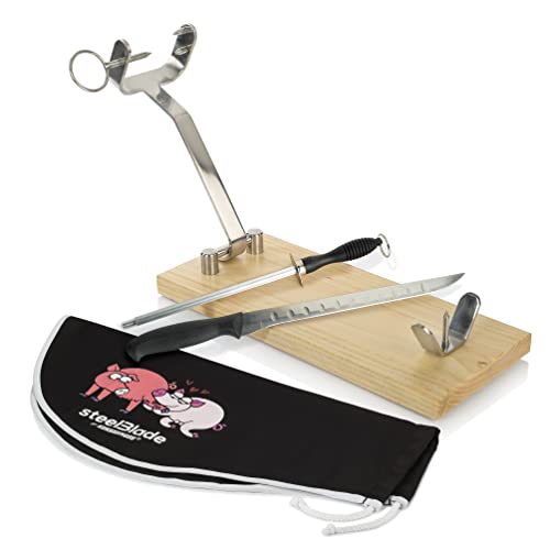 steelBlade - Jamonero Plegable Acero Inoxidable + Cubre jamón Kukuxumusu + Cuchillo jamonero + Chaira - Soporte Jamonero Fabricado en España Cover